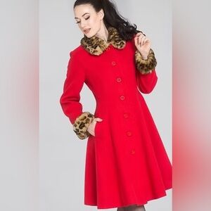 NWT Modcloth Red Robinson Coat with Leopard Faux Fur Trim